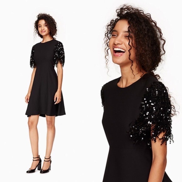 Kate Spade • Sequin Fringe Swing Dress black cap sleeve mini a-line cocktail - Picture 3 of 13